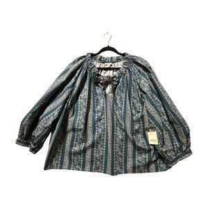 A.N.A. Women's Blouse Long Sleeve Peasant Blue Cream Floral Boho Size 3X Woman
